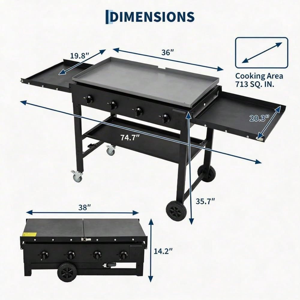 PeakPursuit 36 Inch Flat Top Grill, 4-Burner Gas Griddle (60,000BTU), Propane Griddle with Wheels, Foldable Shelves for Outdoor BBQ, Pan-Frying & Grilling