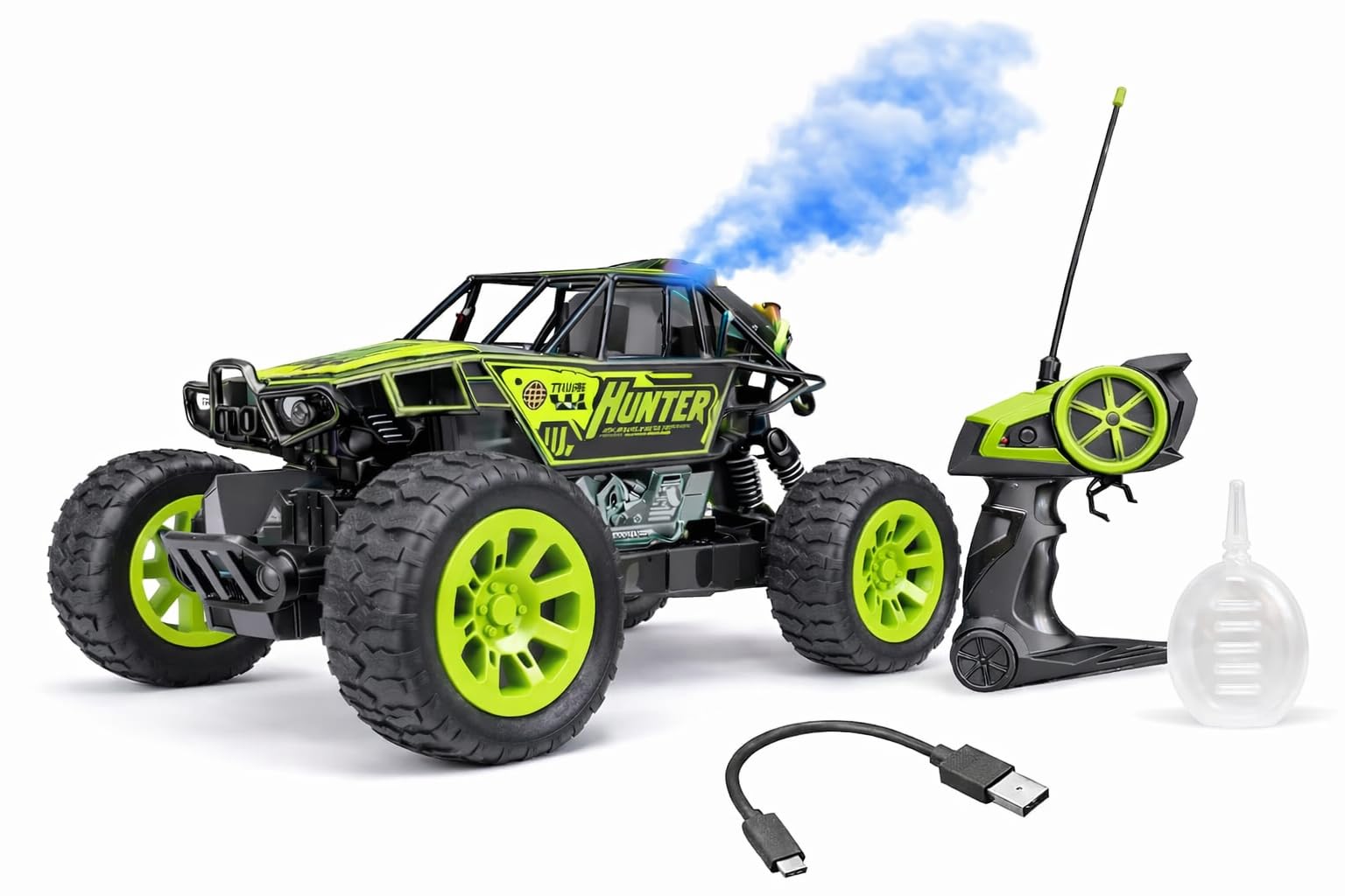 PB Prime Brands Rechargeable Remote Control Rock Crawler Car with Smoke Effect, 2.4GHz RC Off-Road Truck, 60FT Control Range, USB Type-C Charging 2WD (Green)