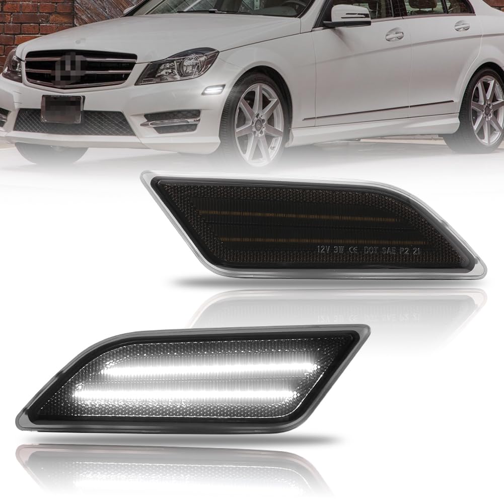 OFFKAT Front Fender LED Side Marker Lights for 2012-2014 Mer-cedes Ben-z W204 LCI C250 C300 C350 C-Class, Smoked Lens Side Bumper Marker Lamps, White