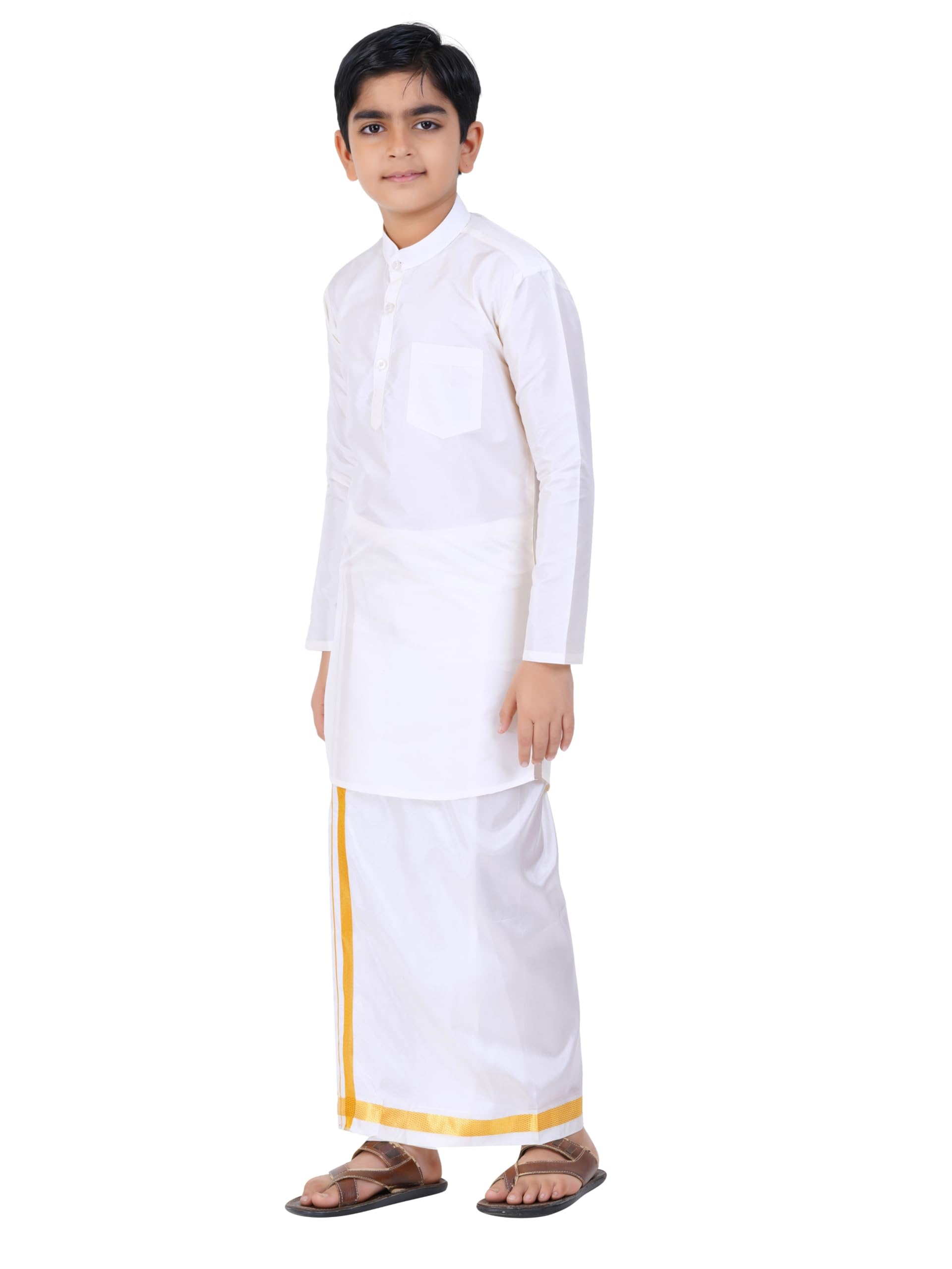 Prakasam Cotton Boys White Art Silk Long Sleeve Kurtha With Stitched Art Silk White Dhoti For Boys