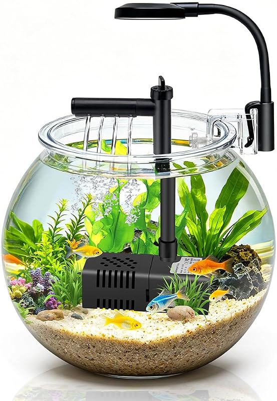 1 Gallon Mini Fish Bowl Kit Impact-Resistant Plastic Aquarium Starter Kits with USB Filtration System and Lighting for Betta Fish Tank Goldfish Bowl Tabletop or Desktop Display