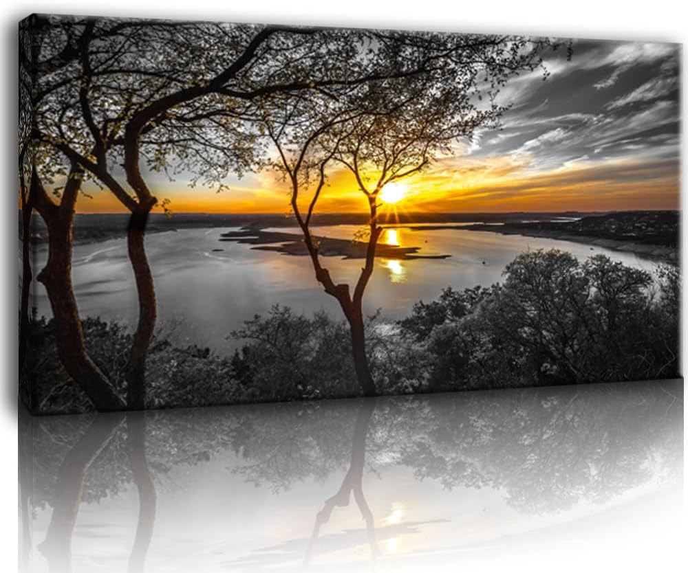 Bamdeya Black and White Canvas Wall Art Bedroom Lake Tree Print Art Forest Gold Sunset Poster Picture Natural Scenery Artwork Landscape Painting Living Room Wall Decor Modern Home Decor Framed black white LS 40"L x 20"W