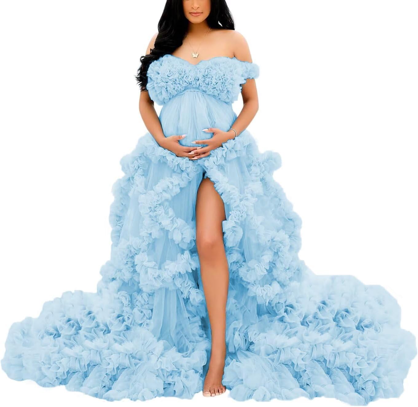 Puffy Tulle Robe for Maternity Photoshoot Ruffles Bridal Lingerie Bathgown Baby Shower Dress