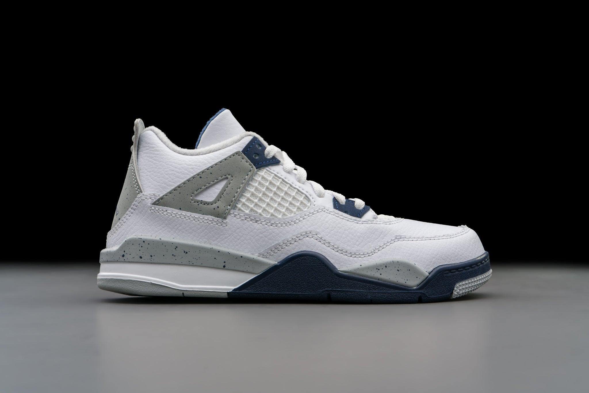 Air Jordan 4 Retro Pre School Branco/Azul-marinho da meia-noite Air Jordan 4 Retro Pre School Branco/Azul-marinho da meia-noite