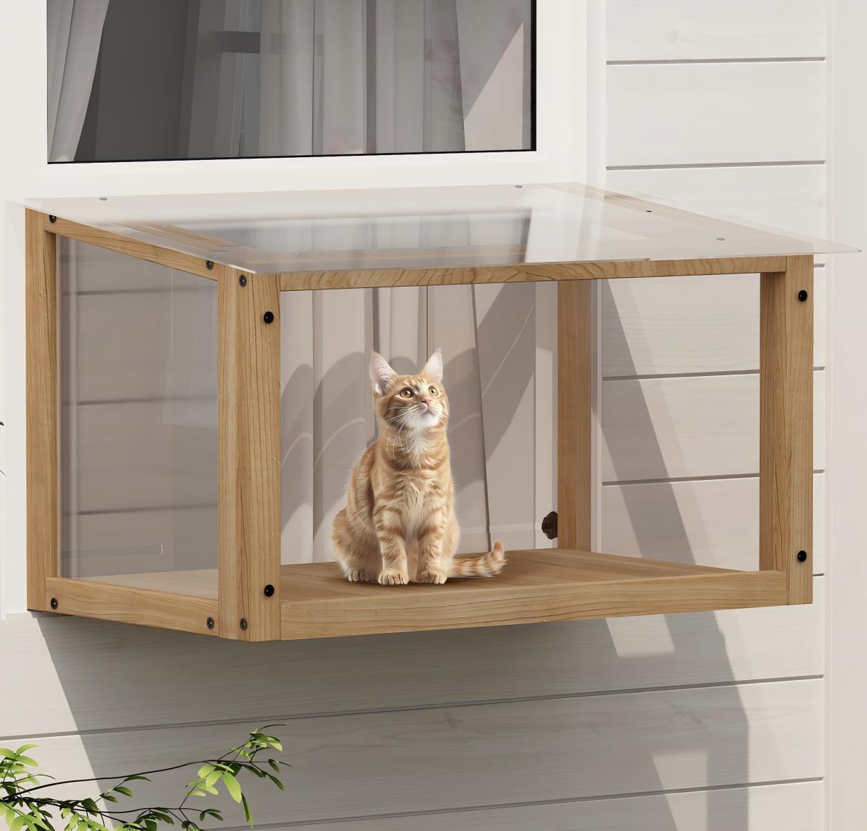 YZU Acrylic Cat Window Catio, Catio Outdoor Enclosure Window with Wooden Frame,Cat Window Box with Waterproof Clear Roof for Sunbathing, Napping,Enjoying The Outdoor Sight