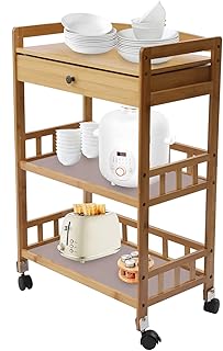 3-Tier Bamboo Mobile Serving Cart with Lockable Wheels, Industrial Vintage Style Kitchen Serving Trolley with Drawer, 165lbs Capacity Rolling Cart for Home Bar Kitchen