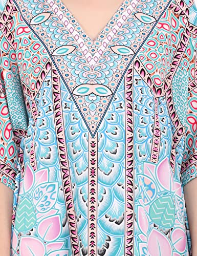 Image of Miss Lavish London Teal Ethnic Print Kaftan Dresses for Women V Neck Batwing Sleeve Beach Vacation Bikini Swimsuit Cover Ups, Plus Size African&Dubai Caftan Maxi Beach Dress with Side Slits-Teal-L