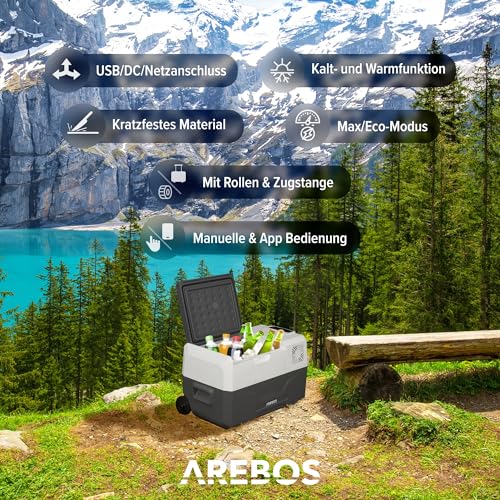 Arebos Kompressor Kühlbox mit Rollen 27 Liter | Elektrische Gefrierbox mit Smart-Steuerung und APP |-mobile Kühltruhe fü