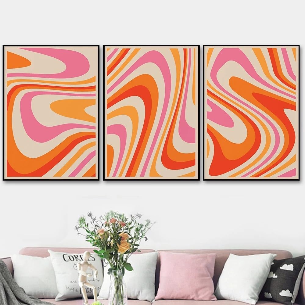 WUHBCZ Canvas Paints-Nordic Vintage Abstract Poster and Prints Orange Retro Wavy Canvas Painting Modern Minimalism Art Picture Living Office Room Home Decor-60 * 70cm/3PCS (No Frame)