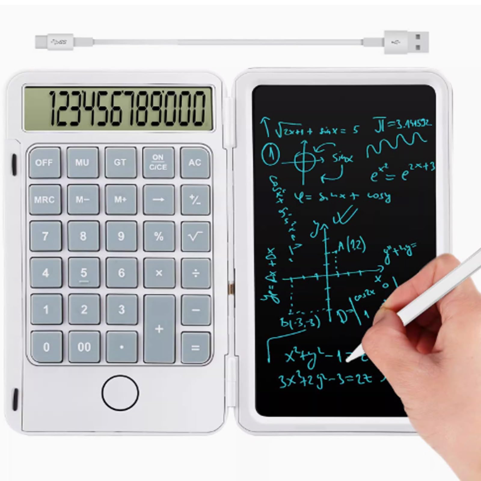 Calcolatrice Scientifica con 6" Lavagna Cancellabile Display LCD a 12 Cifre Pieghevole Calcolatrice Piccola 18×15cm，per Ufficio Scuola Casa(White)