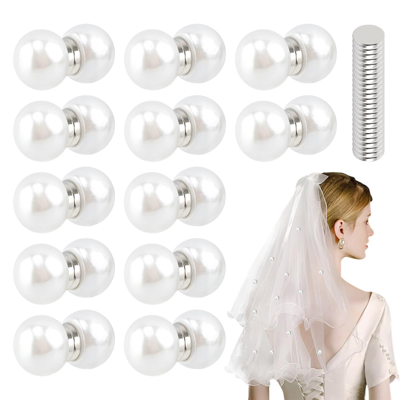 Pearl Veil Weights, 12 Pairs of Magnetic Bridal Veil Weights, Premium Wedding Accessories for Outdoor Weddings for The Bride(,12 pairs)