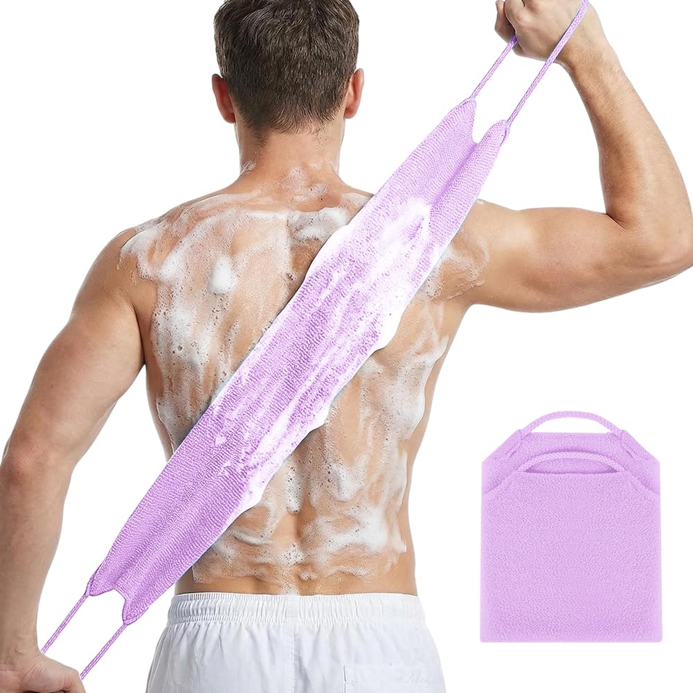 LOPHE Serviette Exfoliante Douche Longue pour le Dos,Gant de Toilette Exfoliant Double Face avec Poignées,Brosse Corps Extensible Nylon Séchage Rapide,Nettoyage en Profondeur Homme Femme,Violet