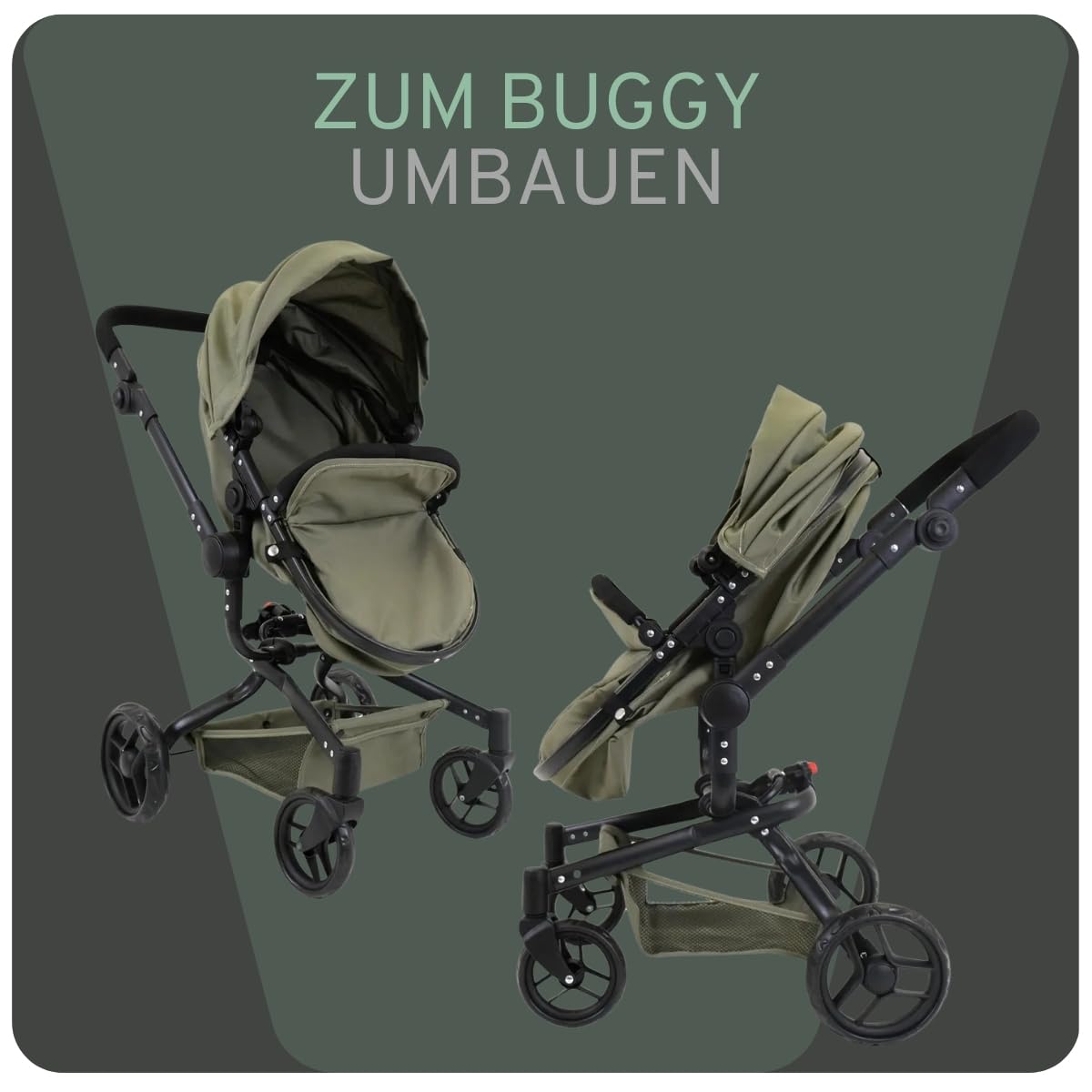 Bandits & Angels Puppenwagen Grün Modern Angel 2in1 Retro Grün ab 3 Jahren – Puppenbuggy – Für Mädchen – Verstellbarer Schieber 48-81 cm – Komplett zusammenklappbar – Mit Einkaufskorb