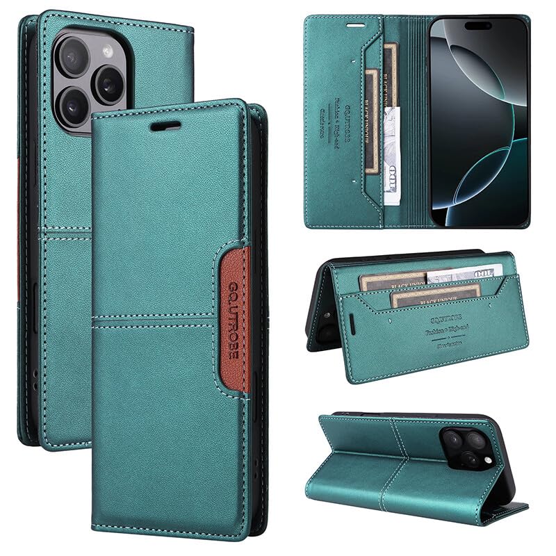 Portefeuille magnétique iPhone 16 Plus vert avec rangements