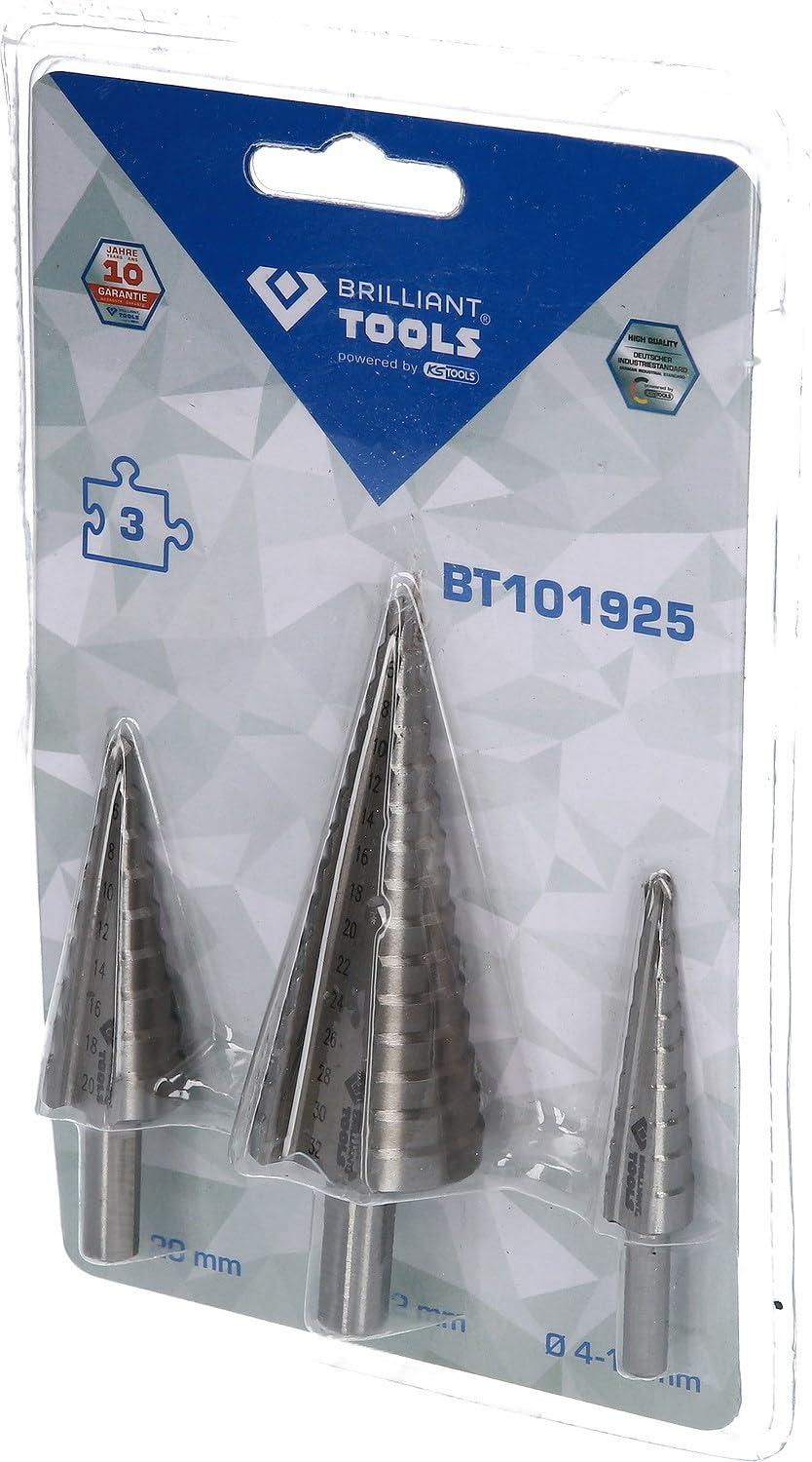 BRILLIANT TOOLS BT101925 Jeu de forets étagés, 3 pcs, Ø 4- 32 mm [Powered by KS TOOLS] | Jeu de forets étagés, 3 pcs, Ø 4 à 32mm