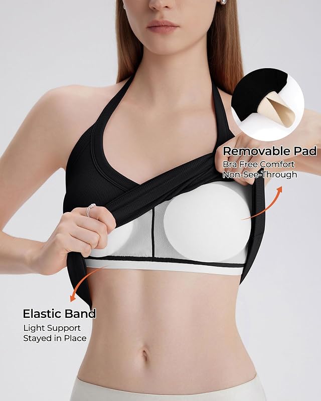 SUUKSESS Women Halter Top with Built in Bra Padded Ribbed V Neck Tank Tops image 4