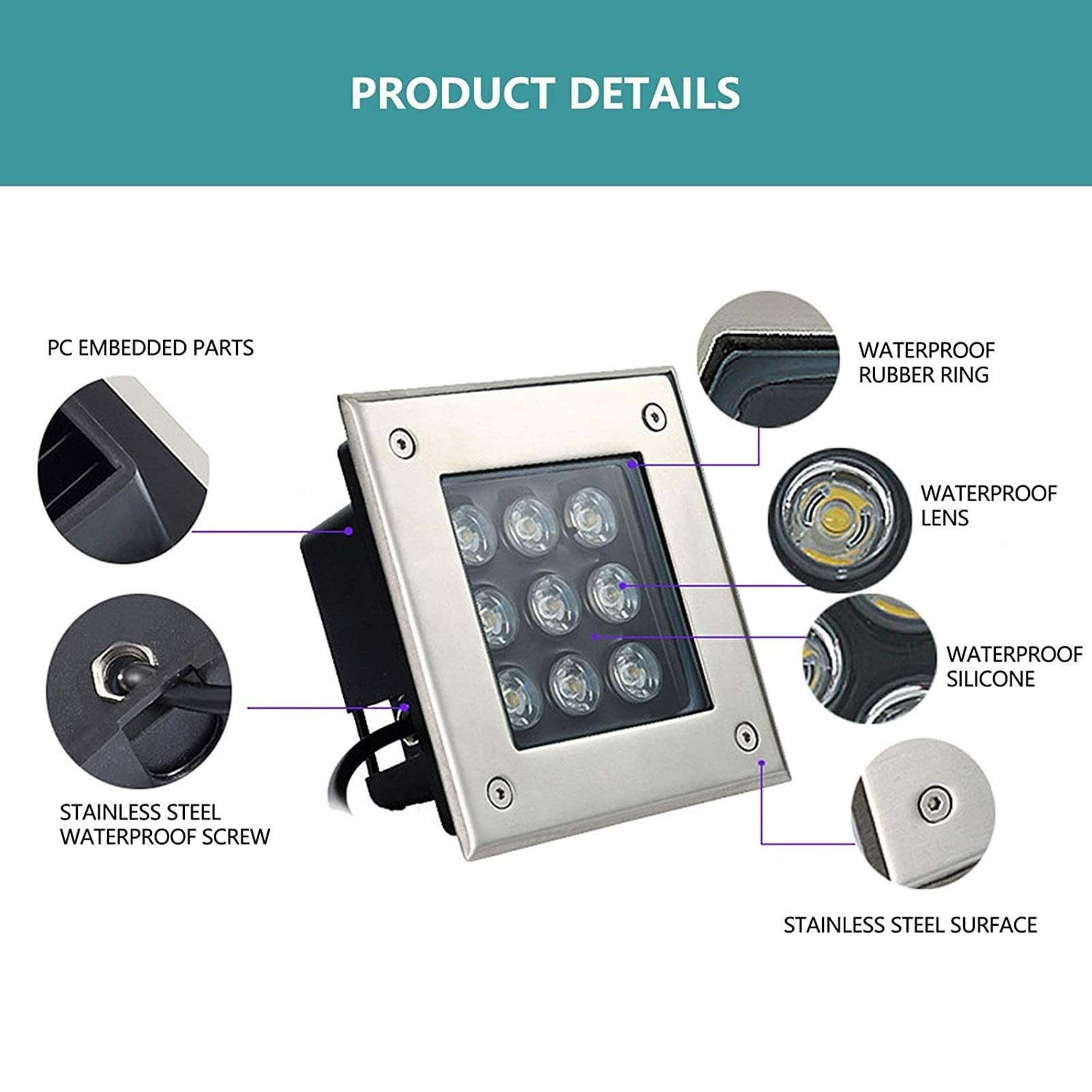 Luci paesaggistiche a LED da terra 4 pezzi - Luci interrate per esterni, Luce sotterranea a LED, Luci a LED calpestabili Luci quadrate impermeabili IP67 interrate adatte per giardino, pavime