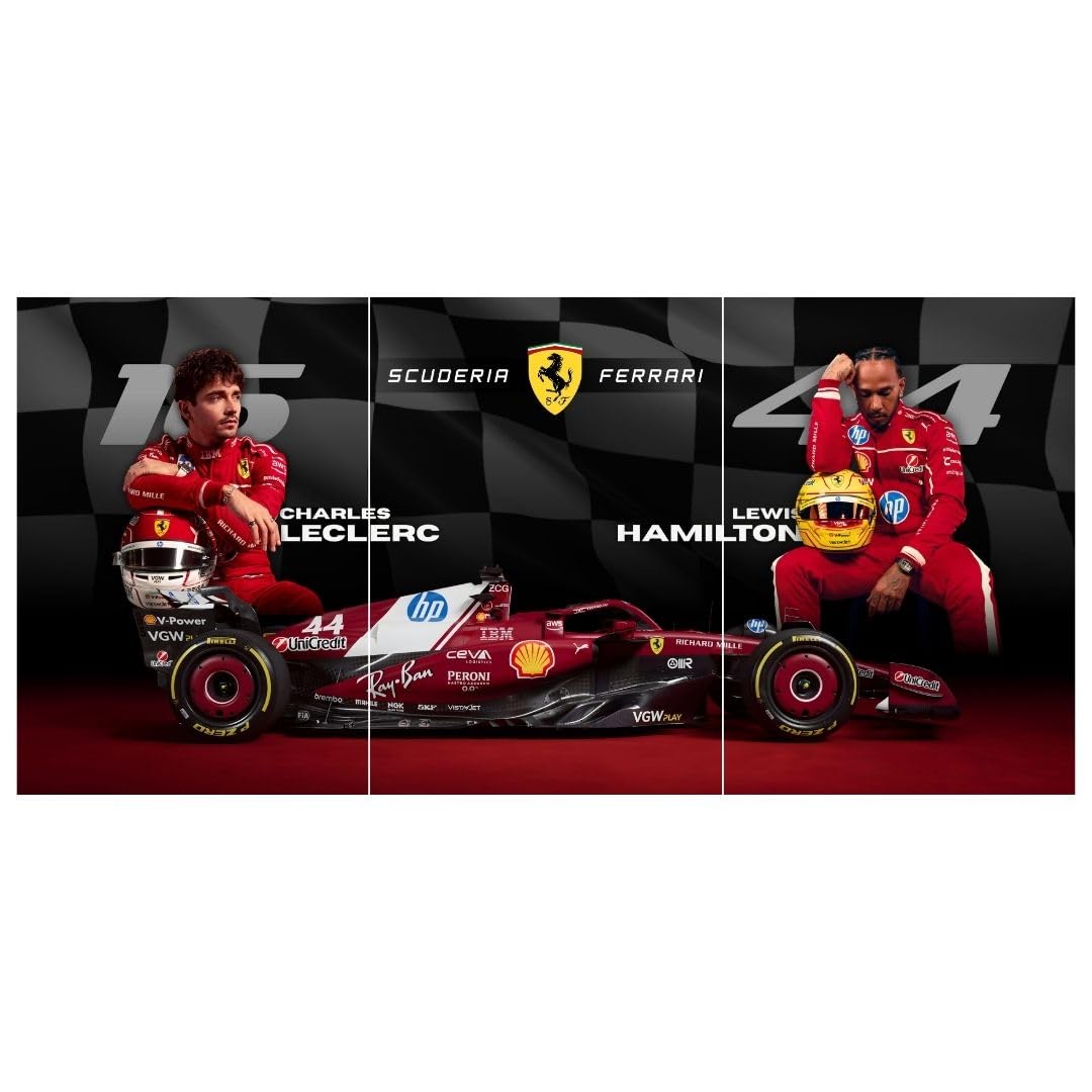 Ferrari Charles Leclerc & Lewis Hamilton Poster Split Design F1 Poster | 3 A3 Sized Ferrari F1 Posters for Wall | Large Size (89 x 42 cm) Wall Decor | Ferrari Lewis Hamilton Posters for Bedroom | Formula 1