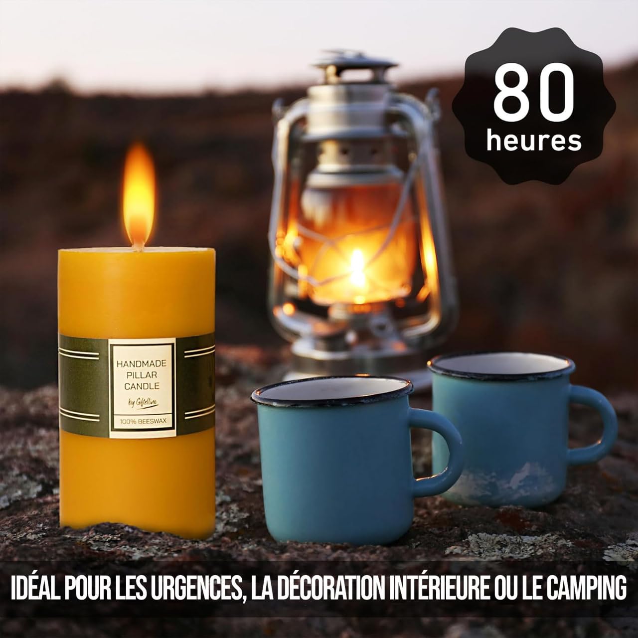 Bougie Pilier en 100% Pure Cire d'Abeille Extra Large - Durée de 80 Heures - Cire d'Abeille Pure et Mèche en Coton - Bougie sans Parfum pour les Urgences - Cadeau pour les Amateurs de Bougies