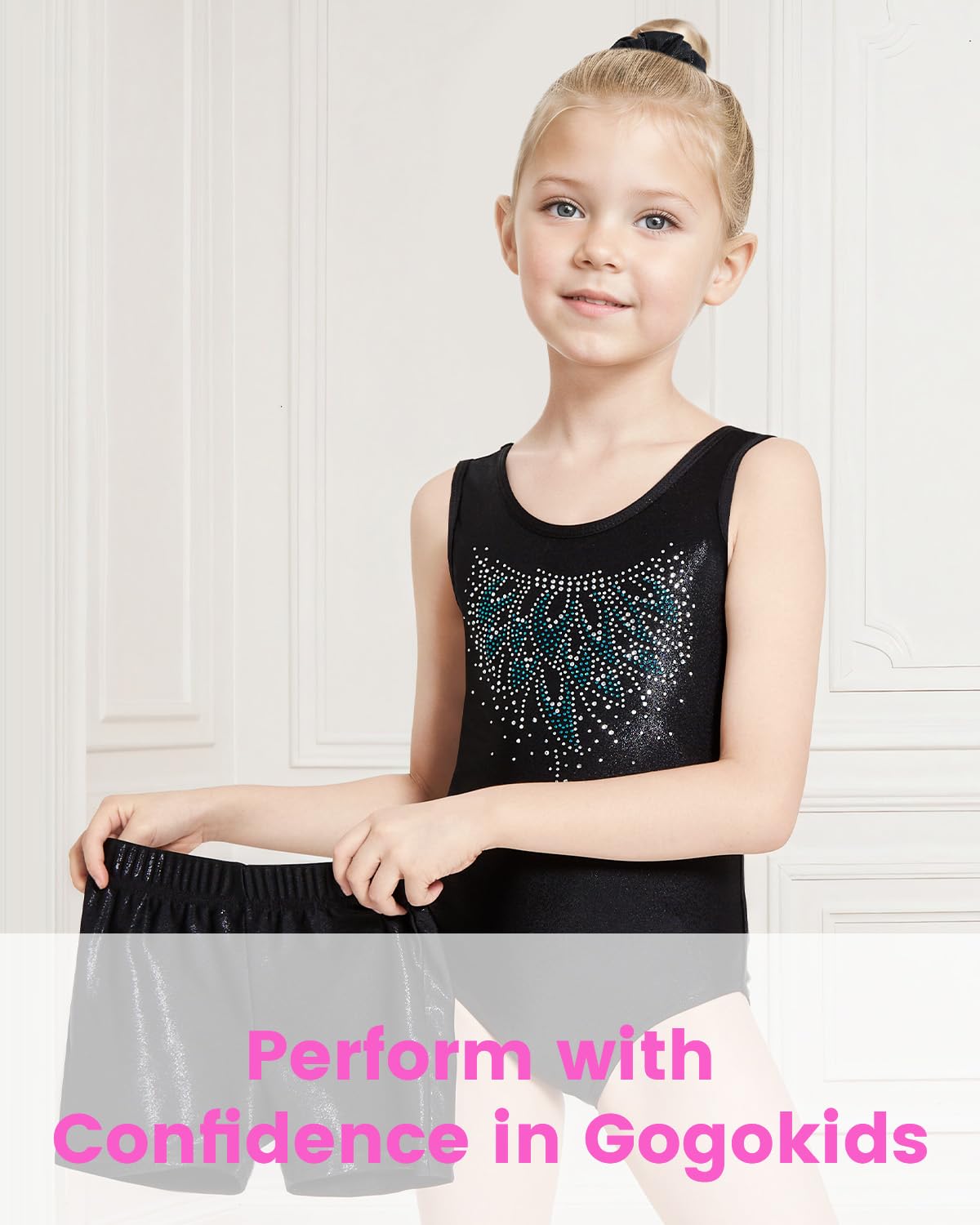 Gogokids Conjunto de gimnasia de tres piezas para niña, cuello en Y, sin mangas, con pantalones cortos y diadema, traje de gimnasia con diseño de bloques de color azul y morado, 3-12 años — view 5