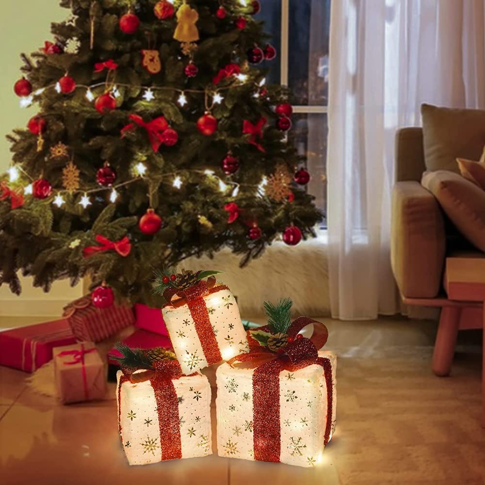 Cajas de regalo para Navidad, Juego de 3 cajas de regalo con iluminación navideña y adornos de cajas de regalo con luz LED de Papá Noel, 60 luces LED blancas cálidas for jardín