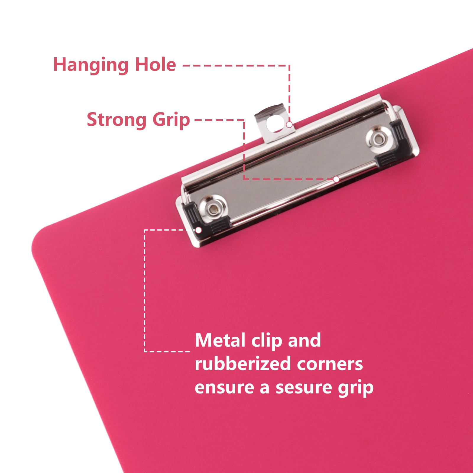 10 portapapeles A4, de plástico A4, con pinza de metal y anilla para colgar, 315 x 225 mm, color rosa, A4, para escuela, hogar, oficina