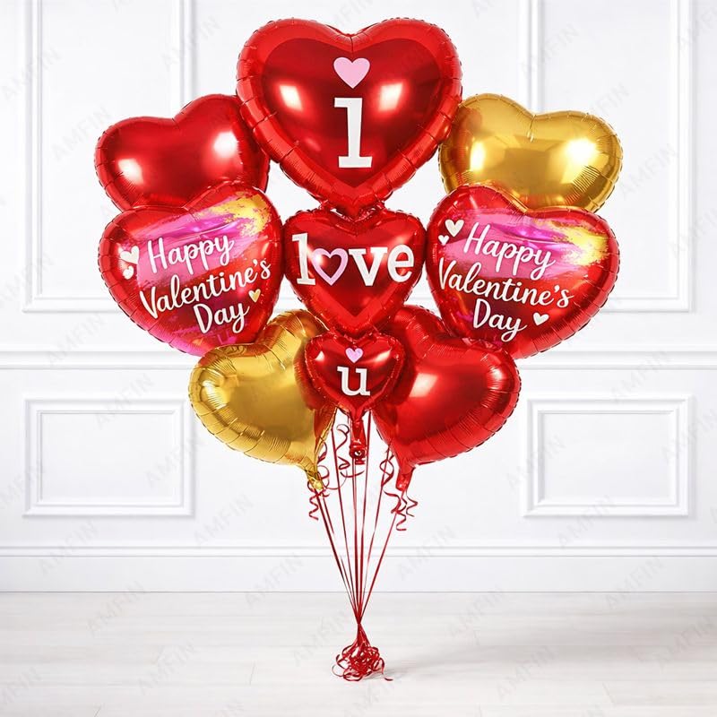 Image of AMFIN (Pack of 7) Happy Valentine's Day Foil Balloon Bouquet I Love you Heart Romantic Decoration Item - Red Gold
