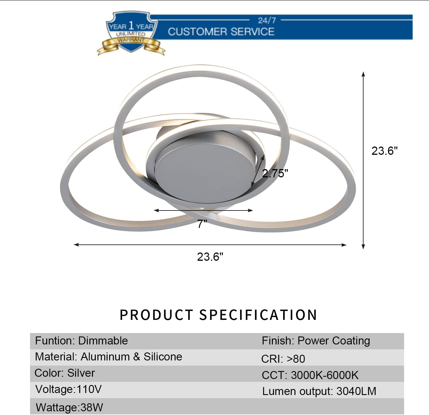 MADEM Modern Flush Mount Ceiling Light - 23.6'' Dimmable LED Chandelier for Bedroom, Living Room, Dining Room,3040LM 38W, Silver