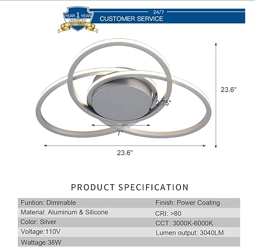 Miniatura 6 de Lámpara de techo moderna de 23.6 pulgadas, luz de techo LED empotrada regulable con control remoto, lámpara de techo LED para dormitorio, sala de