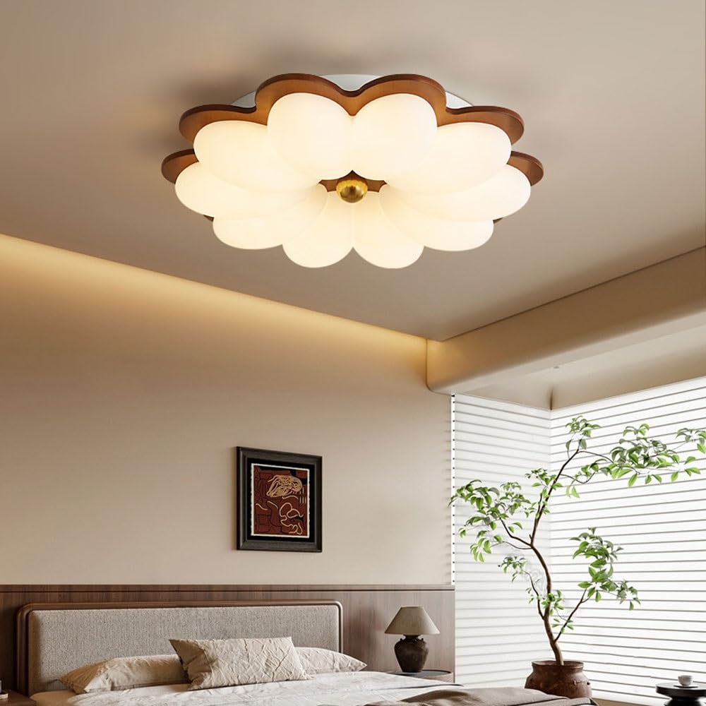 23.6" lampa sufitowa do montażu podtynkowego 60W LED kształcie kwiatu Drewniana lampa montowana blisko sufitu z akrylowym abażurem 3000–6000 K Ściemnialne lampy sufitowe do salonu, jadalni