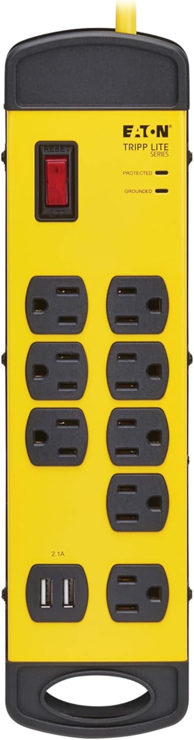 Eaton Tripp Lite series TLM825USB Heavy Duty Power Strip with Surge Protection & 2 USB Ports, 8 Outlets, 25ft Cord, 1960 Joules, Yellow Metal, Under Desk & Wall Mountable, Cord Wrap, Industrial Garage