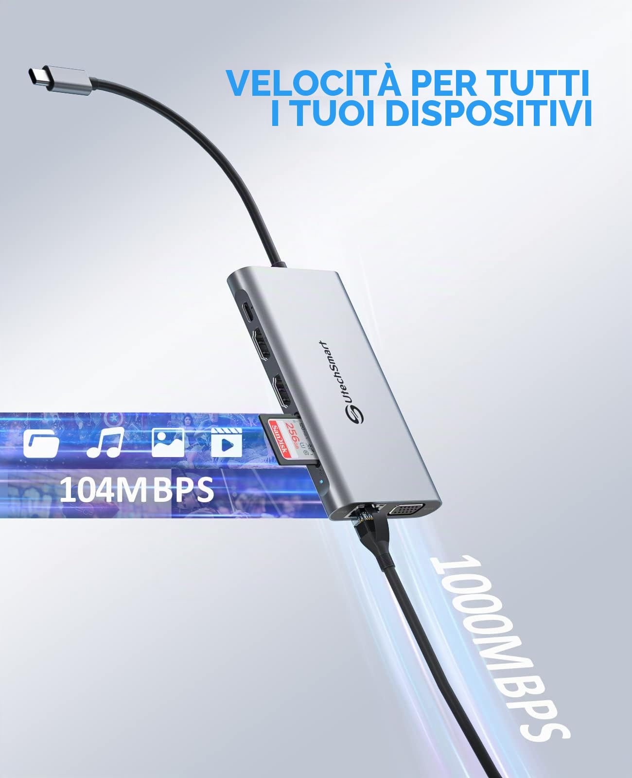 UtechSmart 11 in 1 Hub USB C Docking Station Triplo Schermo con 2 HDMI, VGA, Porta USB-C PD 3.0, Lettore Schede SD/TF, 4 Porte USB, Compatibile con MacBook e Laptop USB-C