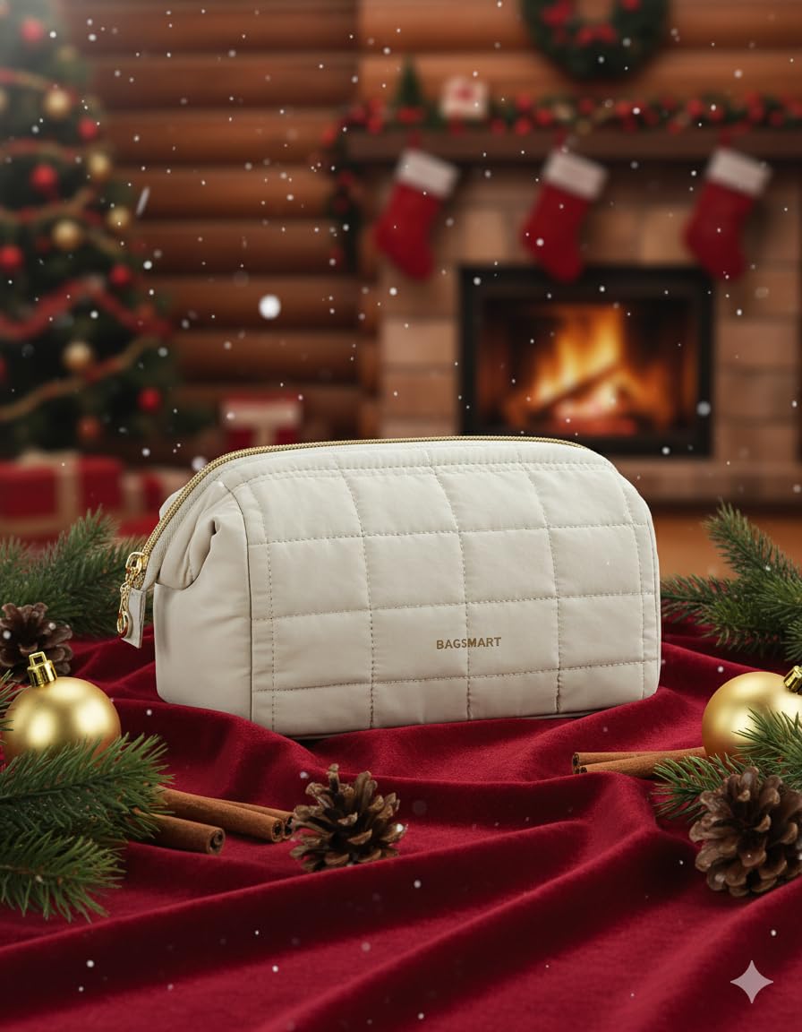 BAGSMART Makeup Bag Cosmetic Bag Wide Open, Beige, M, Wide-open Travel Makeup Bag With Puffy Padded and Rectangular Quilted