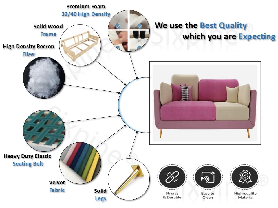 Image of Sixpine Luxury Dual Color Upholstery Sofa in Premium Velvet | Solid Wood Structure | Sturdy Golden Legs | High Density Foam | Extra Comfort for Modern Living Room (Pink & Beige, 3 Seater)