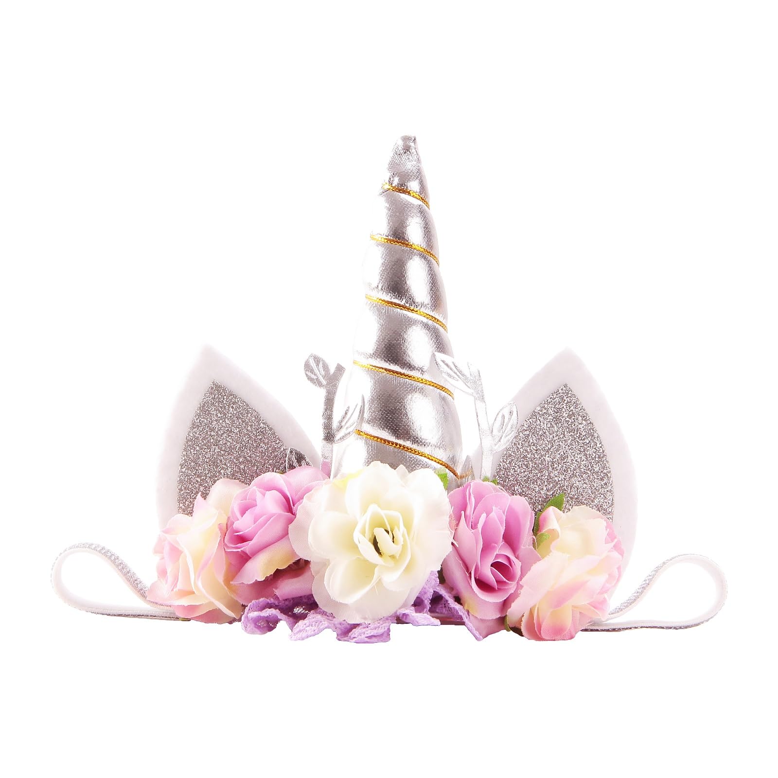 Nishine Roses Floral Unicorn Horn Headband Elastic Baby Girls Unicorn Hairband Party Supplies (Silver&Ivory)