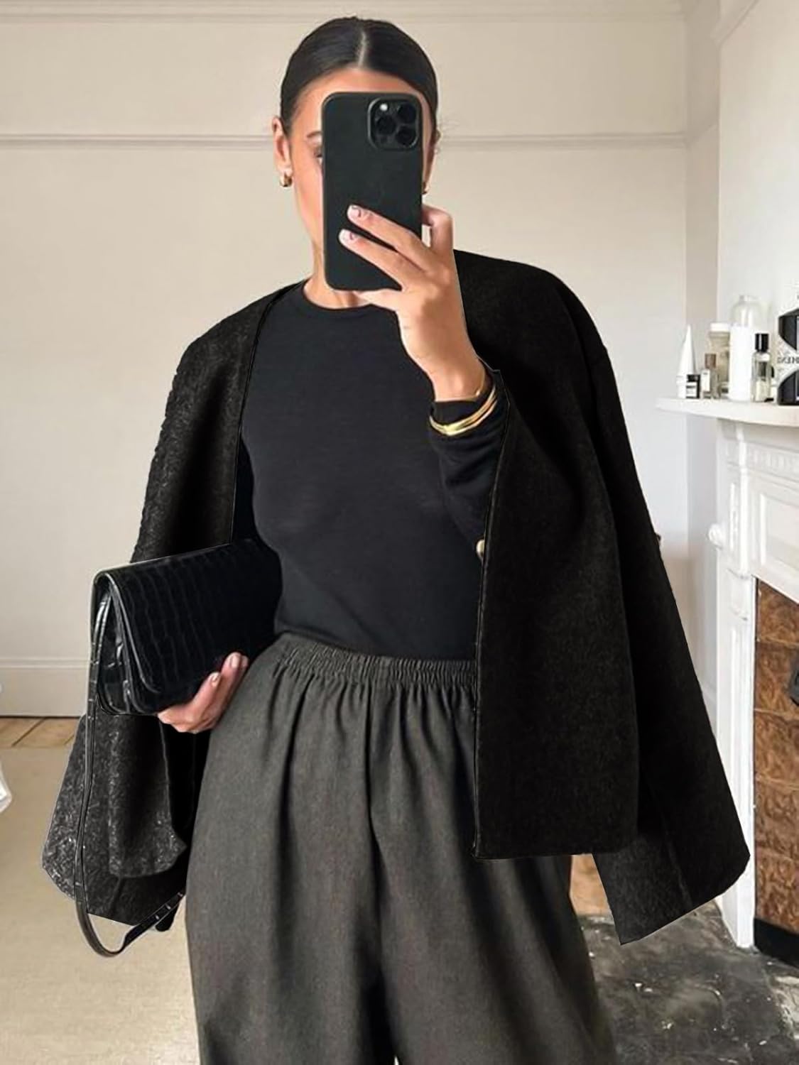 HOTIAN Women Cropped Wool Blend Coats Long Sleeve Coat Jacket Peacoat Fall Winter Outwear Overcoat - Image 2