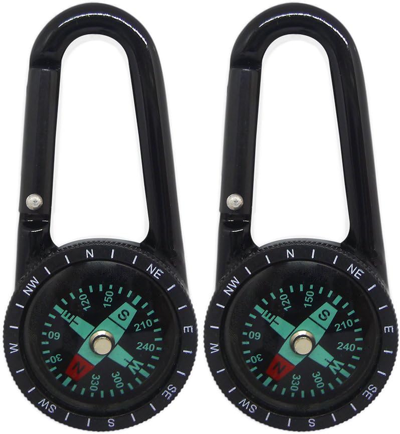 2 pcs Liquid Filled Compass Keychain Carabiner Clip Kit with Snap Hook, Small Black Aluminium Alloy with Plastic Scale