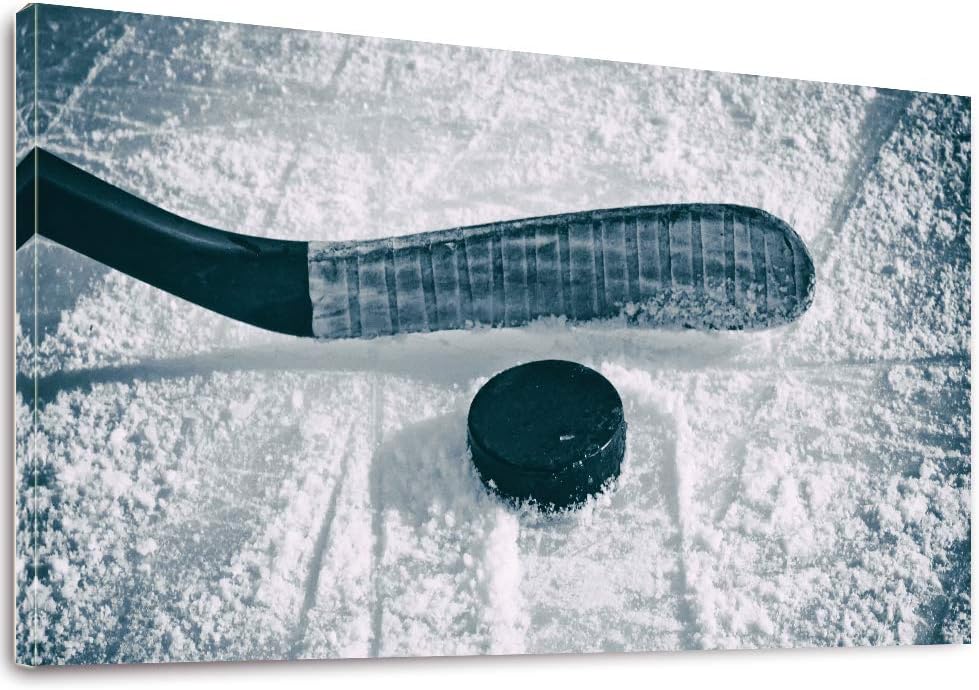 Canvas Wall Art- Hockey Puck and Stick Sliding Across The ice - Long Canvas Art Picture Print Framed for Home Decor - 20"x40" 20"x40" Hockey