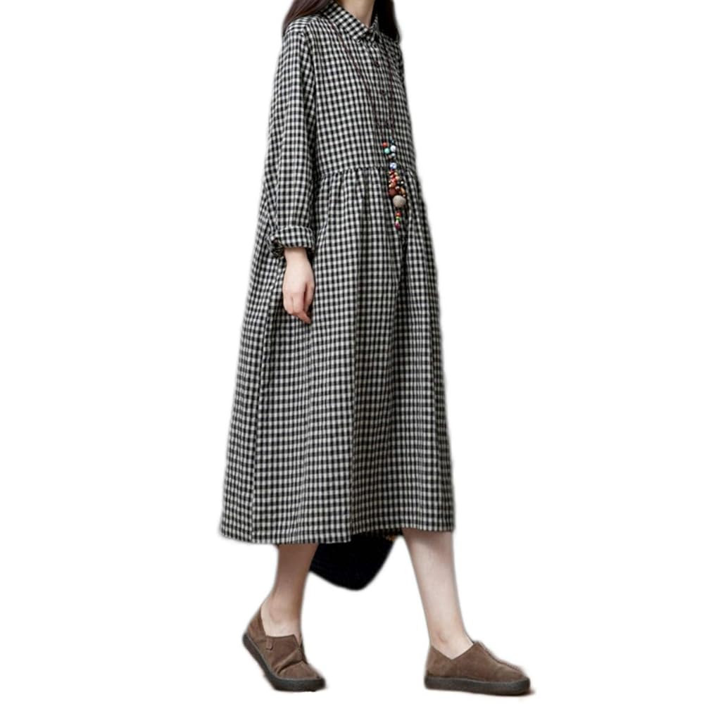 buoybuoy コットンリネン ギンガムワンピース nest Robe - コットンリネンワッシャーギンガムワンピース