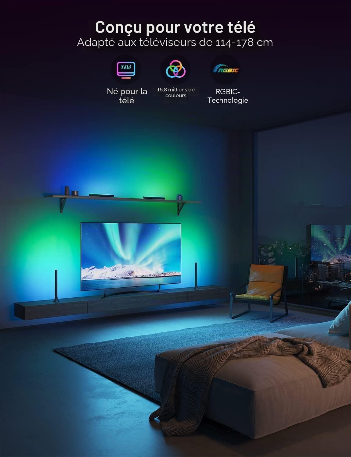 Govee Barre LED RGBIC, Double Perles Lumineuses et 38cm Rétroéclairage TV WiFi Barre, plusieurs Options de Placement, pour TV 45-70 pouces, Fonctionne avec Alexa et Google Assistant, Couleur Noire