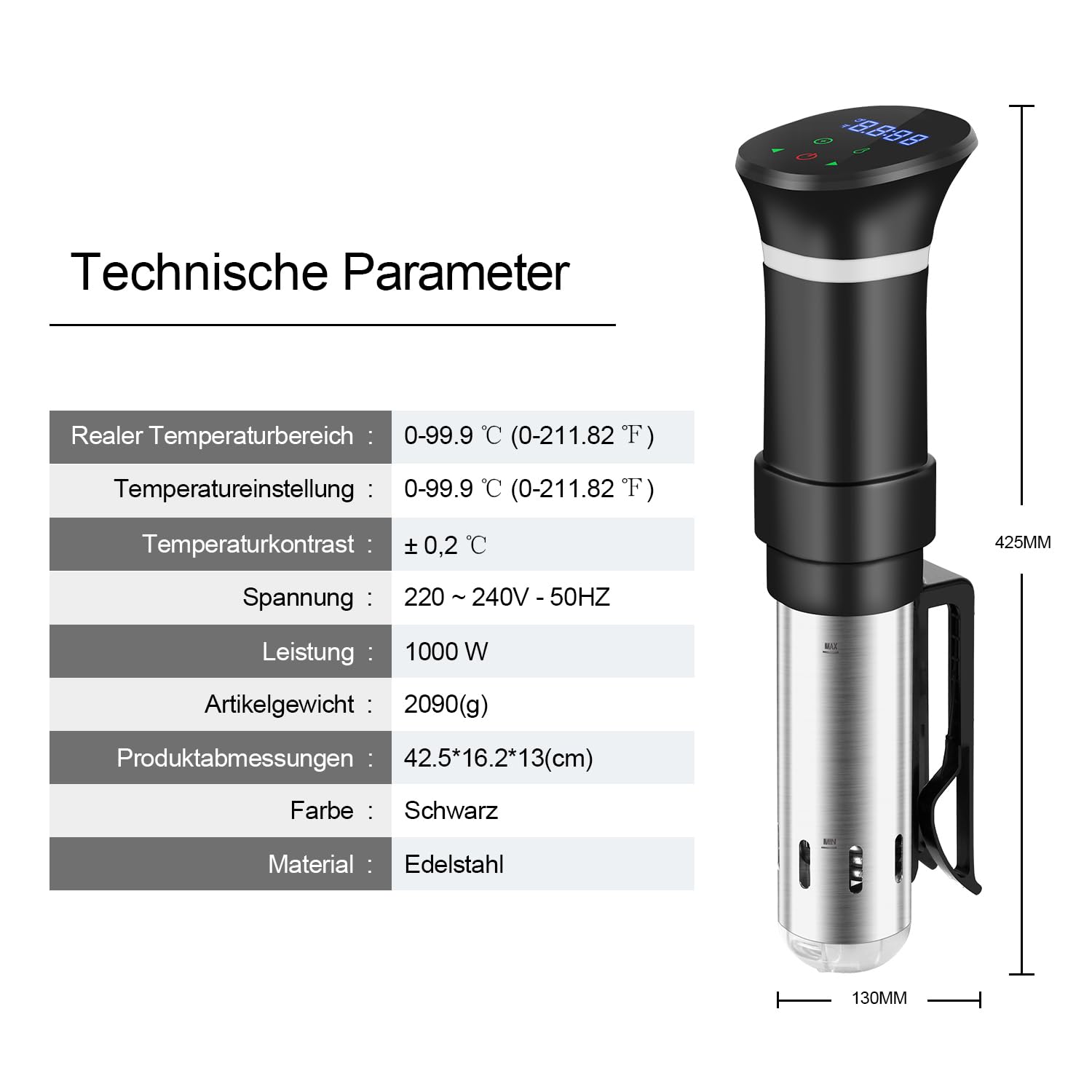 Sous Vide Garer Sous Vide Stick aus Edelstahl, Slow Cooker mit LED Touch-Display, 1000W Sous-vide Garer mit präziser Temperatureinstellung und Timer, inkl. Rezeptbuch, Grau(MEHRWEG)