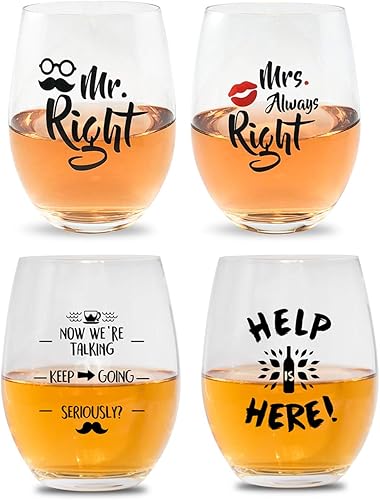 Vino O'clock / Set de 4 / Mr Right and Mrs Always Right/Help Is Here/Now We're Talking/Vaso de vino sin tallo