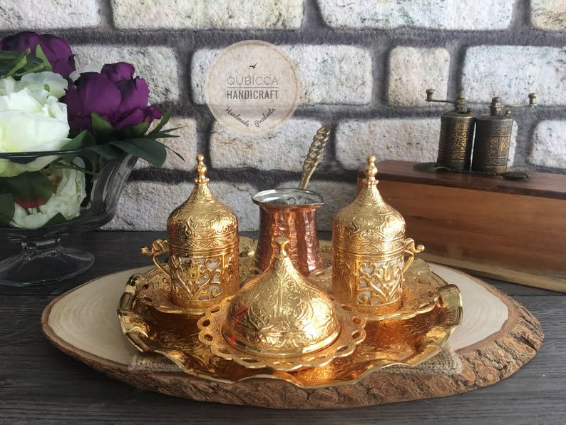 OHVVGN Turkish Coffee Set, Turkish Coffee Cups and Copper Coffee Pot