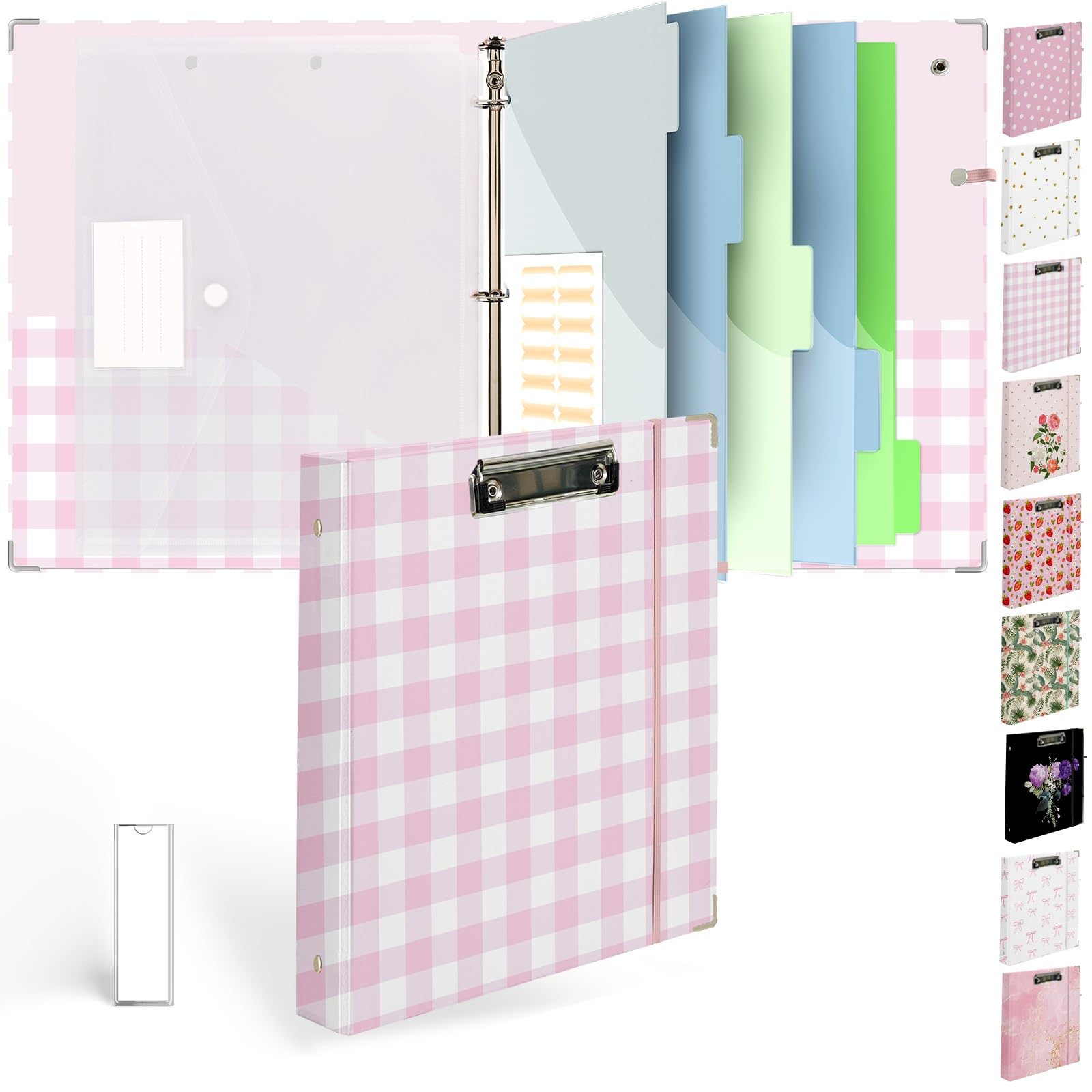 Etzul 3 Ring Binder 1 inch with Clipboard - Pink & White Grid Design, Includes Dividers, File Bag & Spine Label - Ideal for Students and Professionals