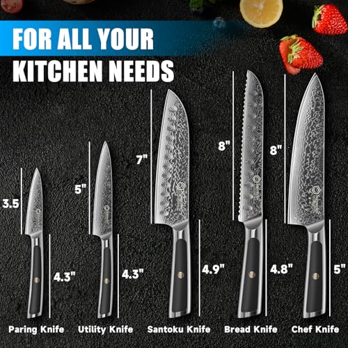 Image of Sunnecko Damascus Kitchen Knife Set 5 Piece, Sharp Chef Knife Set Professional Kitchen Knives Sets Full Tang with Gift Box