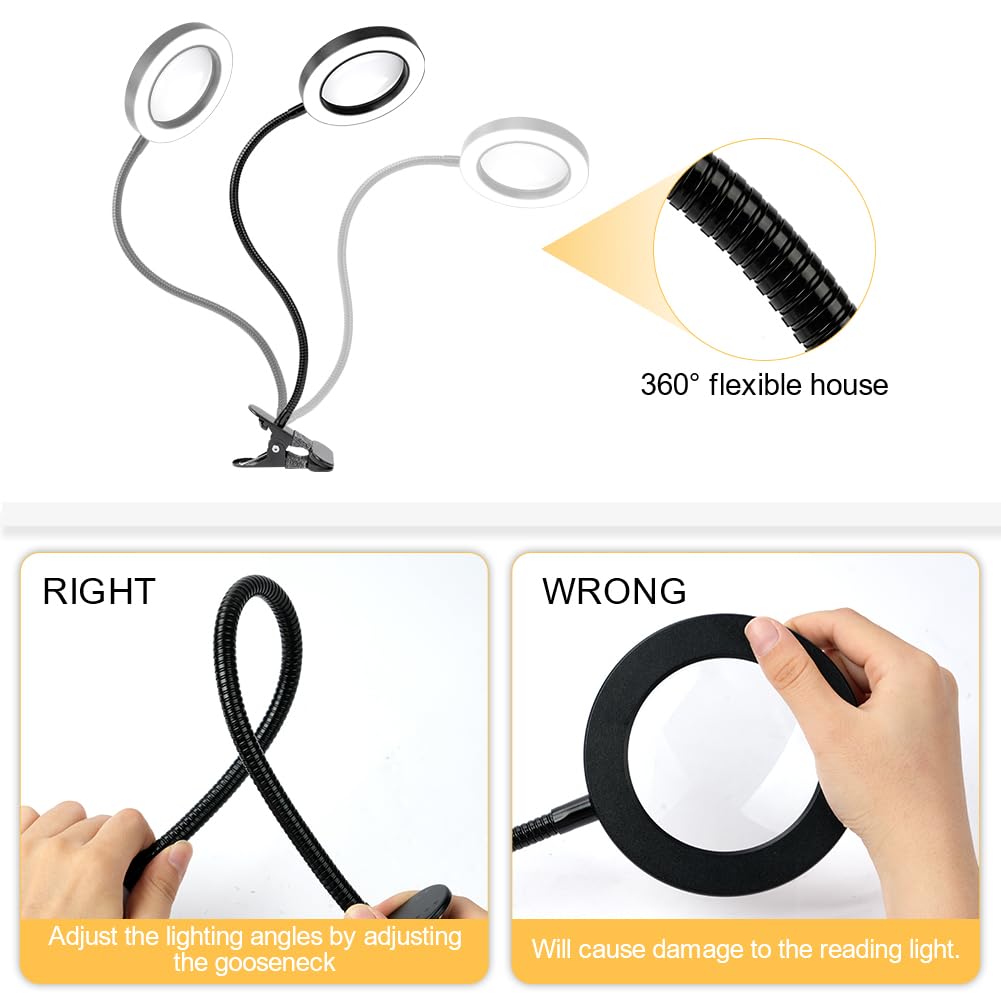Lámpara de Lupa con Aumento 5X, Luz LED 3 Colores 10 Brillo, Cuello Flexible 360°, USB Portátil