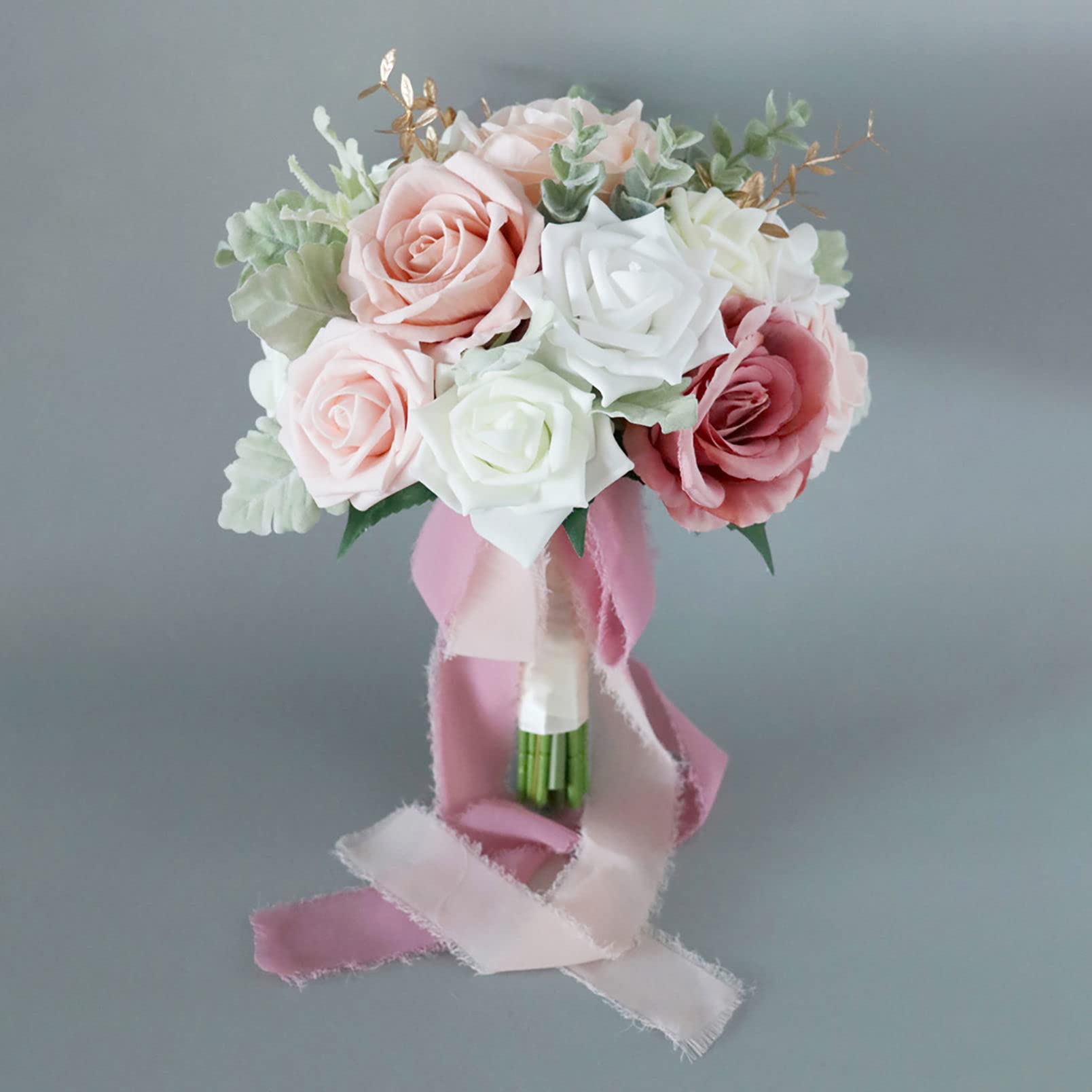 Bouquet da Sposa Romantico, Bouquet per la Sposa, Fiori Artificiali, Rosa, Damigella d'Onore Bianca e Rosa.