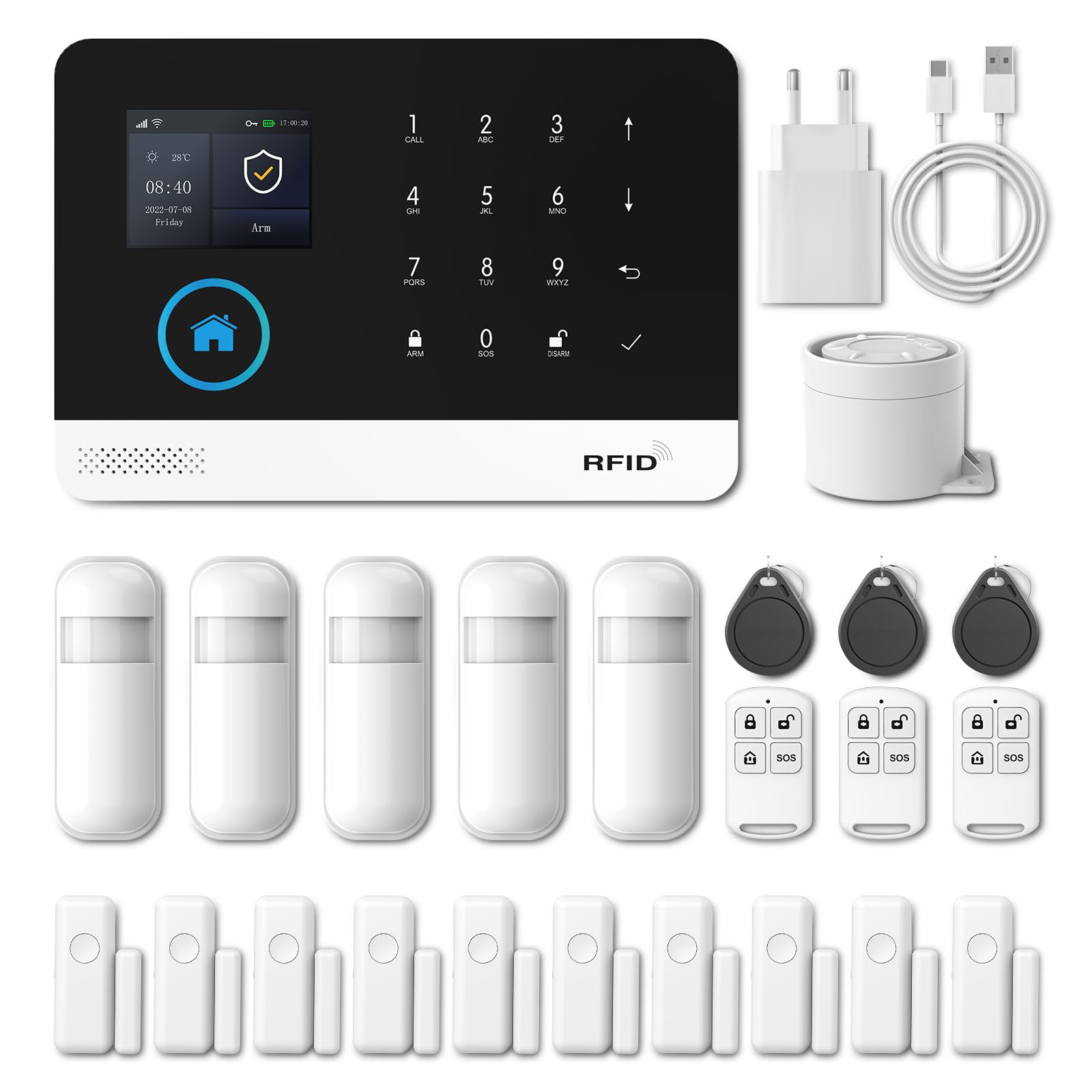 PGST Allarme Casa Senza Fili, 24 Pezzi WIFI/GSM SMS Sistema Antifurto con Sirena Allarme 120dB,Telecomando Intelligente,Display LCD, Invite vocale, Sicurezza per la casa,ufficio,Compatibile con Alexa