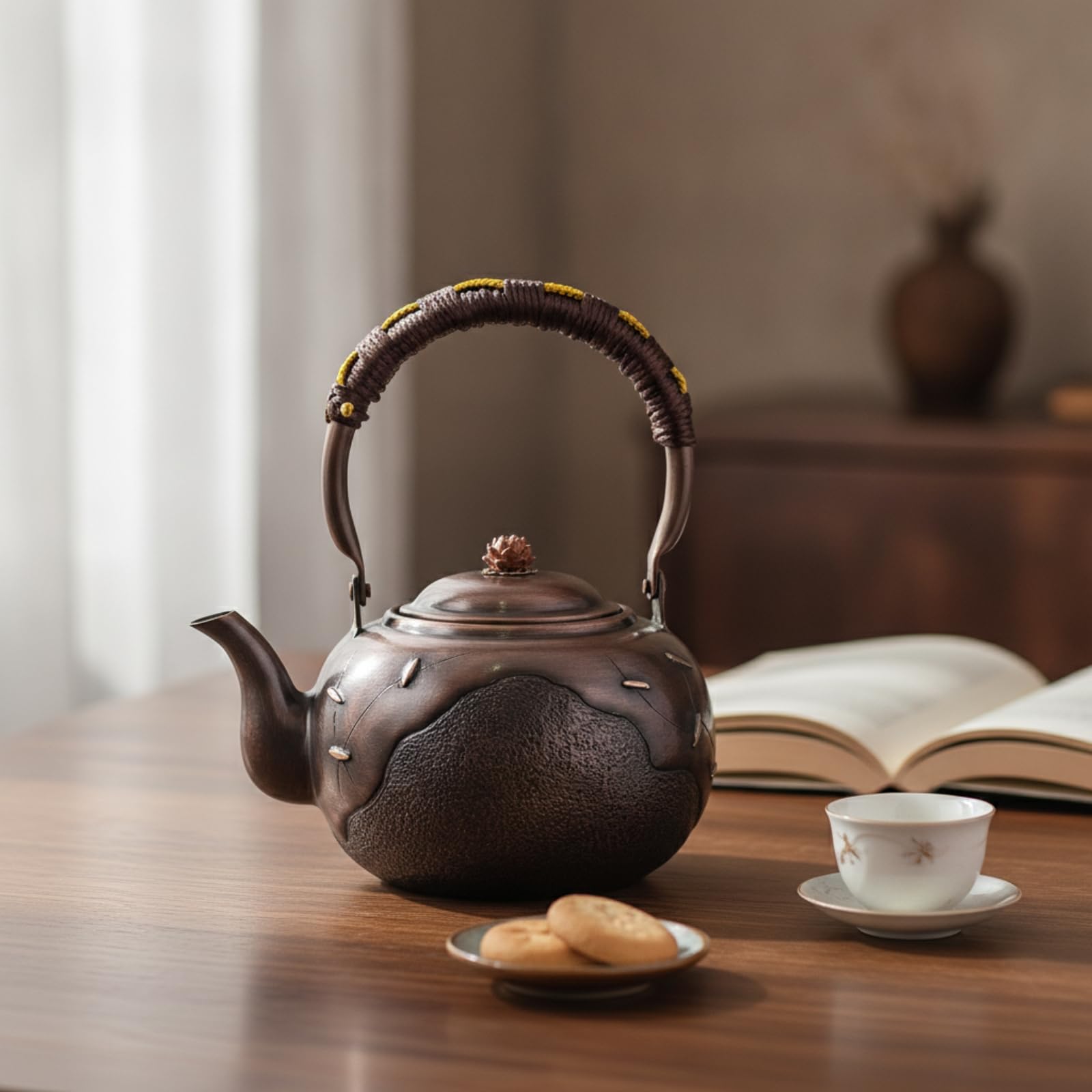 Tetera Cobre y Mango Revestido Cómodo Tetera Artesanal Cobre Portátil Hervidor con Mango para Aficionados Al Té, Cocina Rústica