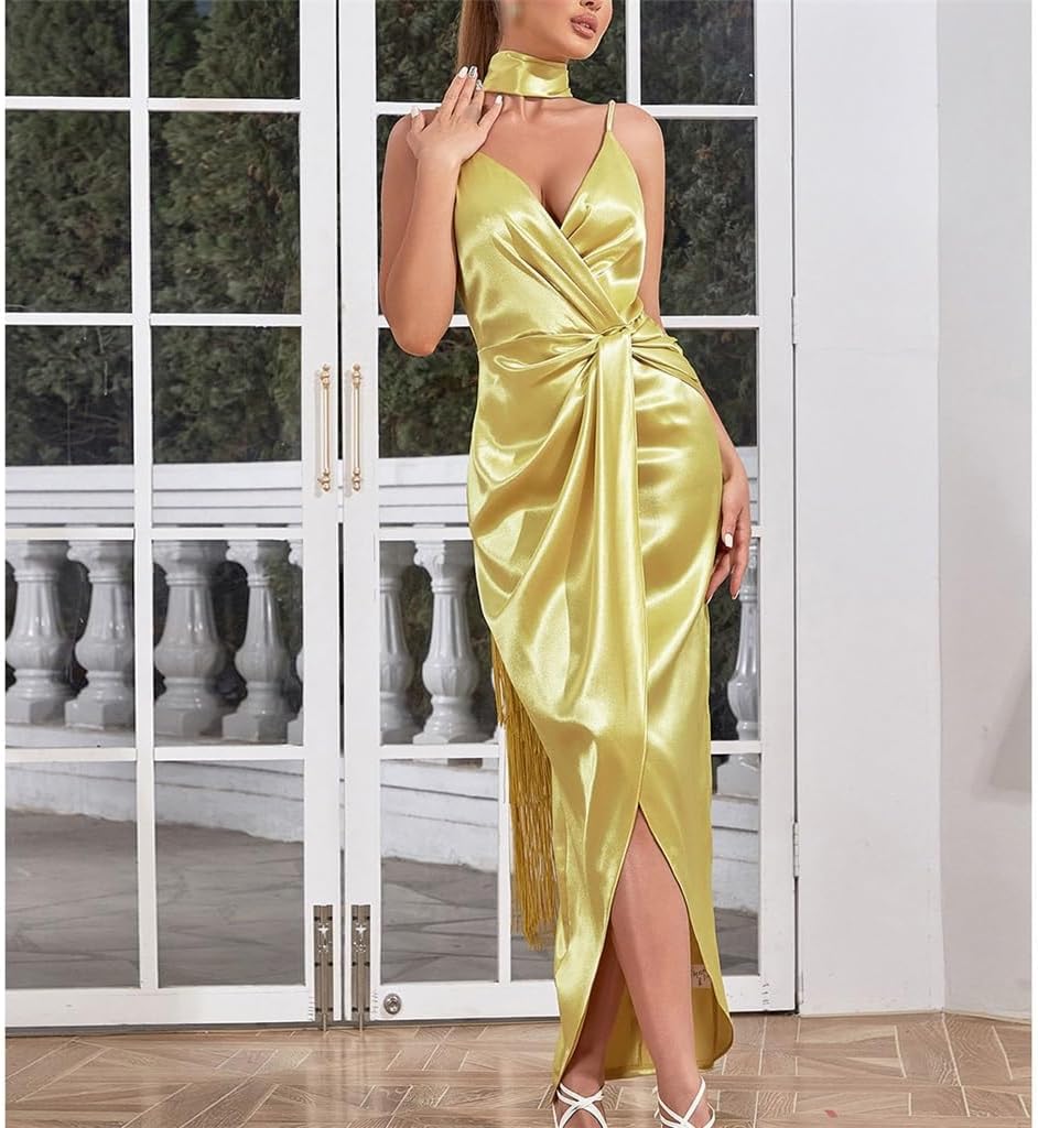 JSEIAJB Europe and The United States Sexy V-Neck Halter Backless Slim with Collar Neck Dress Female